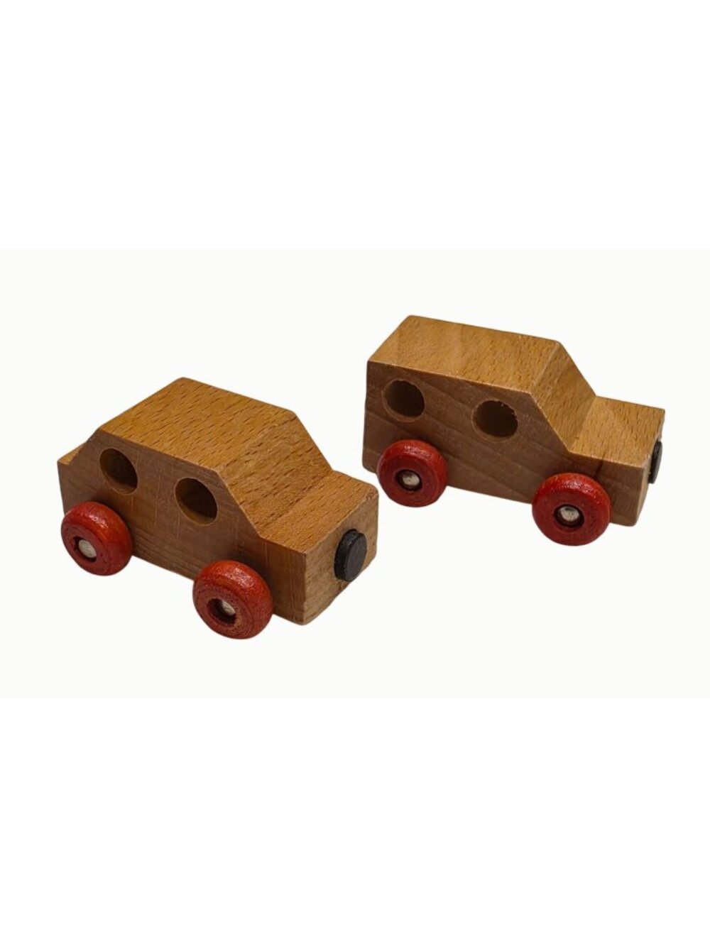 Vintage Wooden Toy Cars Set of 2 Natural Wood Red Wheels Magnetic Ends Waldorf